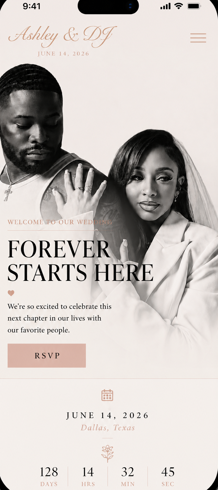 Ashley & DJ wedding website mobile view