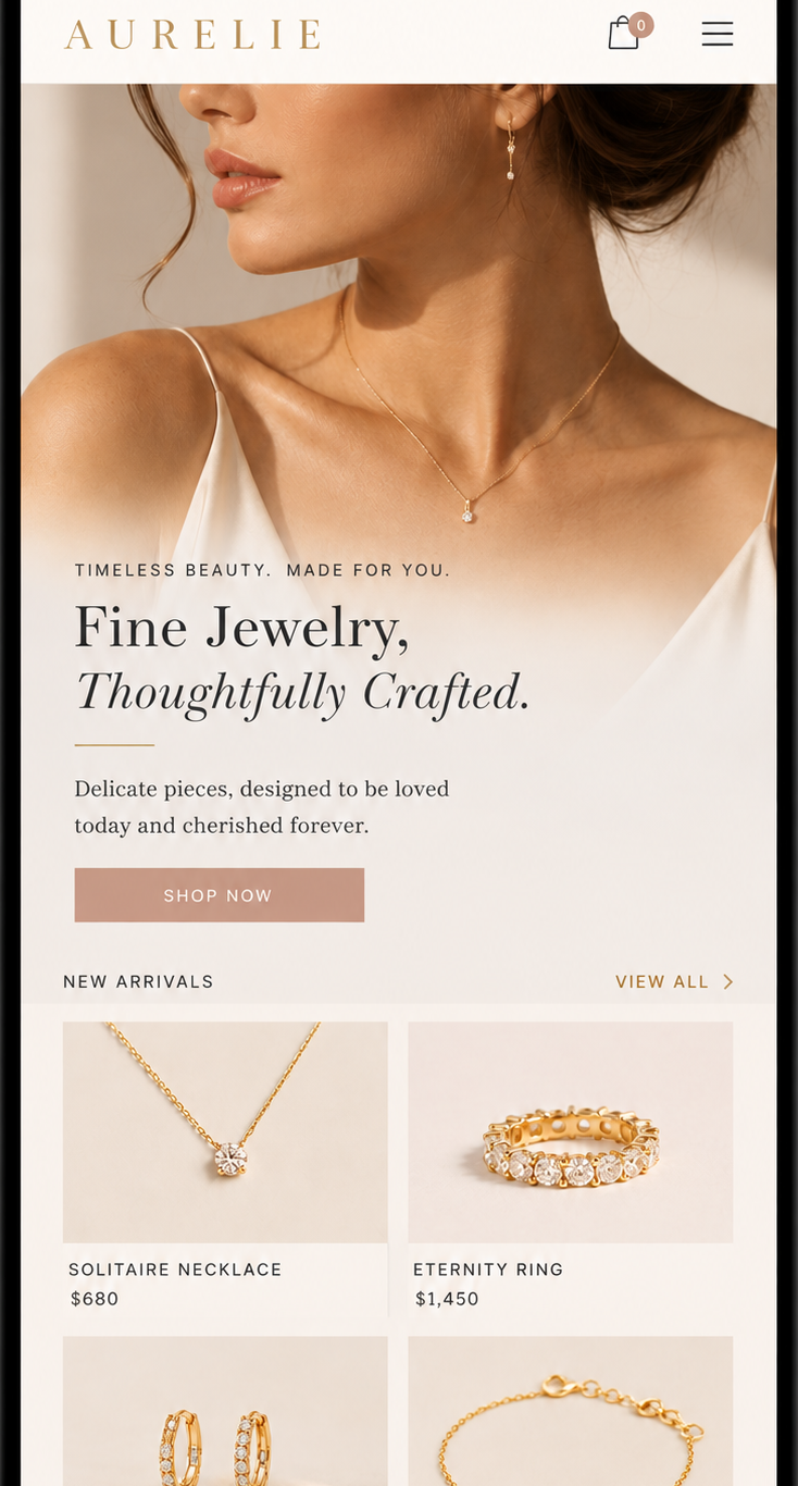 Aurelie jewelry website mobile view